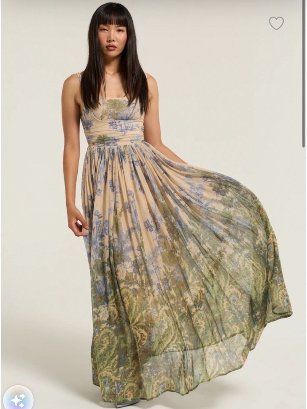 Floral Beige and Green Maxi Dress with Blue Accents